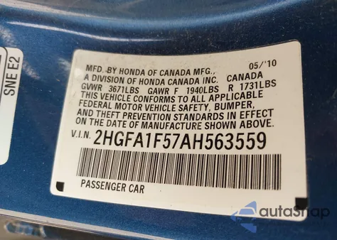 2010 Honda Civic Lx z USA, uszkodzony, nr VIN 2HGFA1F57AH563559